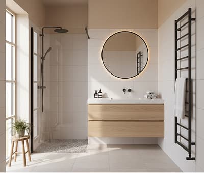 Badrum med kakel och dusch